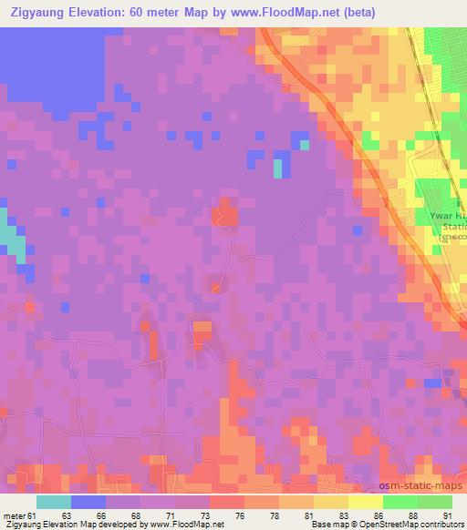 Zigyaung,Myanmar Elevation Map