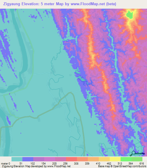 Zigyaung,Myanmar Elevation Map