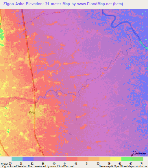 Zigon Ashe,Myanmar Elevation Map