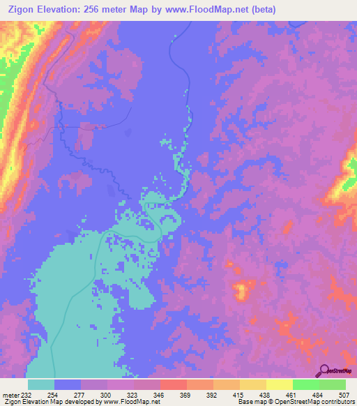 Zigon,Myanmar Elevation Map