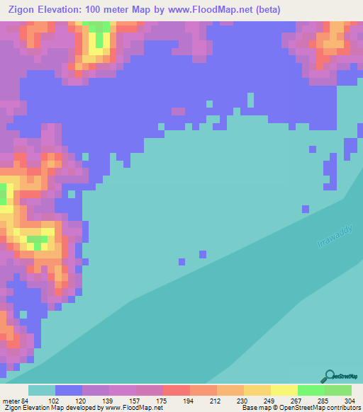 Zigon,Myanmar Elevation Map