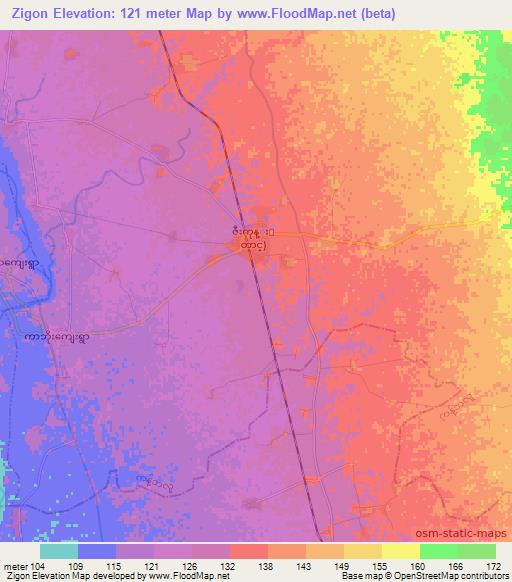 Zigon,Myanmar Elevation Map