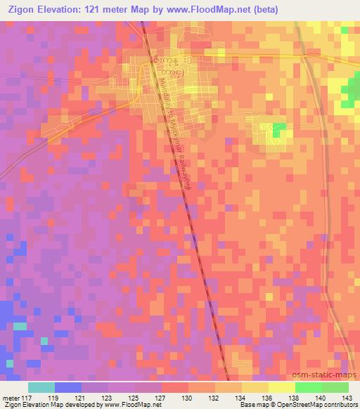 Zigon,Myanmar Elevation Map