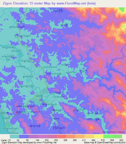 Zigon,Myanmar Elevation Map