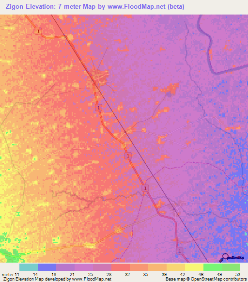 Zigon,Myanmar Elevation Map