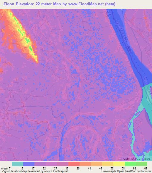 Zigon,Myanmar Elevation Map