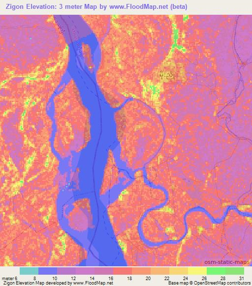 Zigon,Myanmar Elevation Map