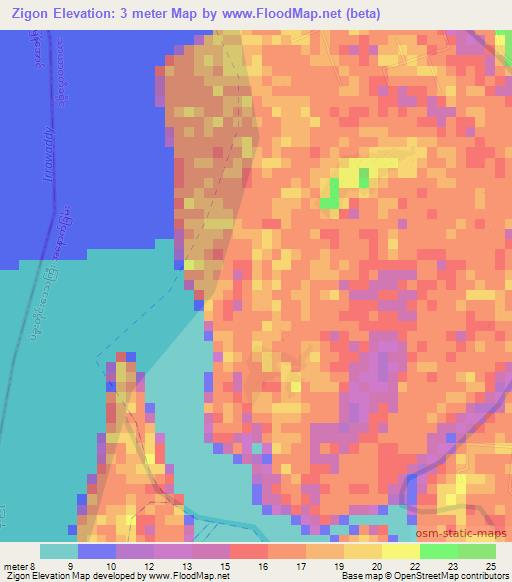 Zigon,Myanmar Elevation Map