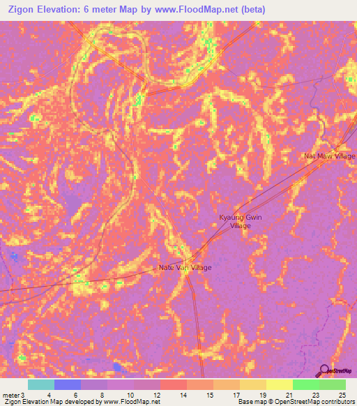 Zigon,Myanmar Elevation Map