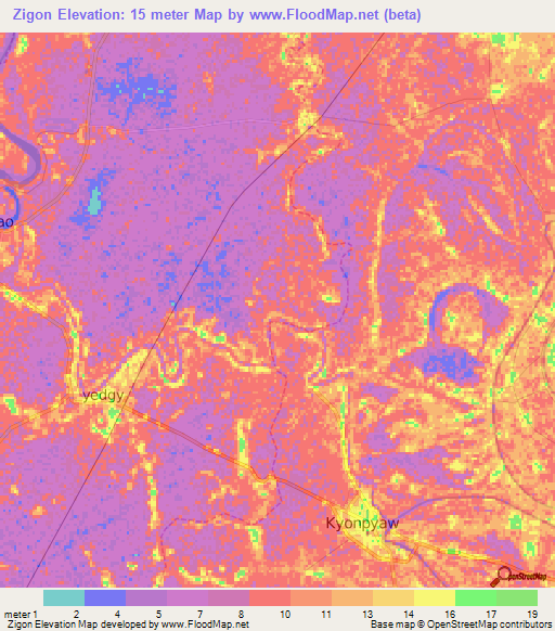 Zigon,Myanmar Elevation Map