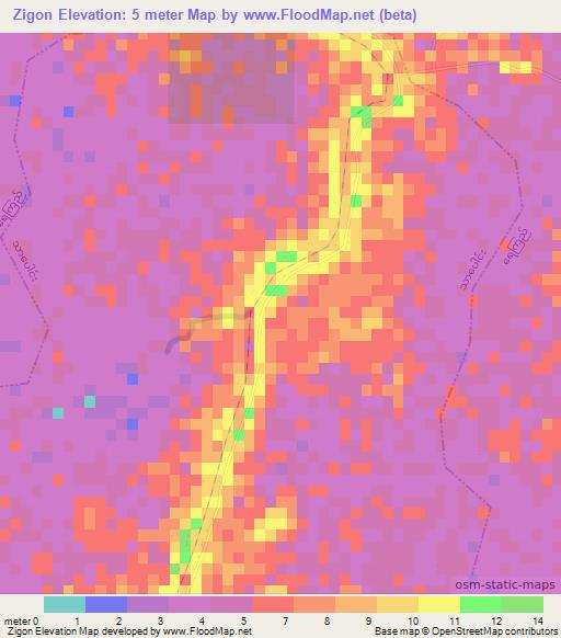 Zigon,Myanmar Elevation Map