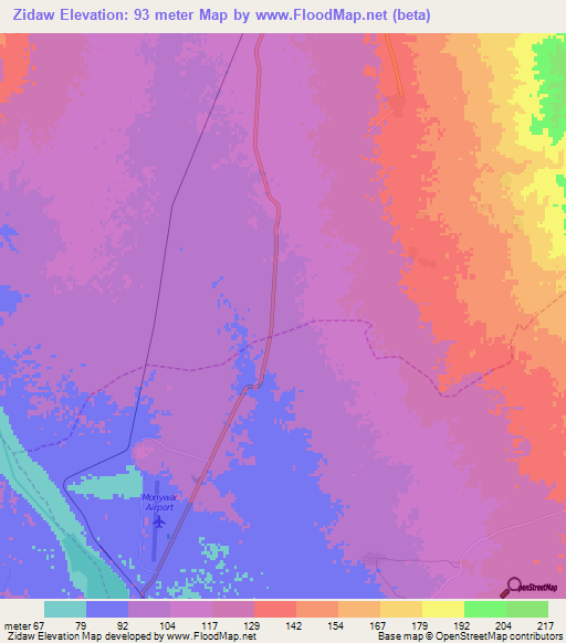 Zidaw,Myanmar Elevation Map