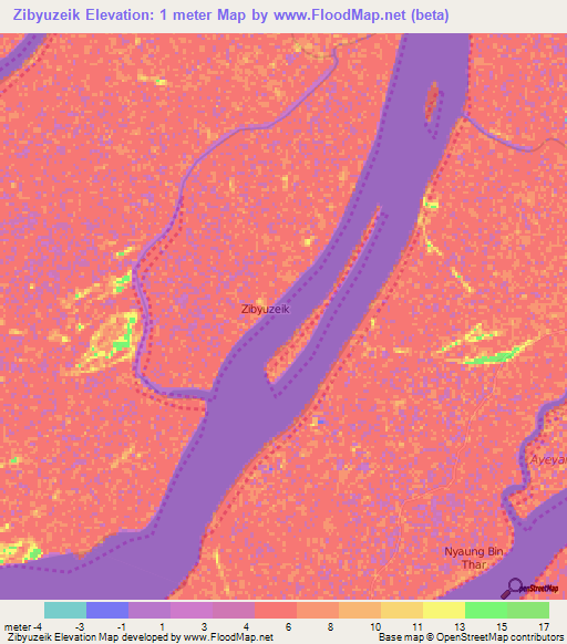 Zibyuzeik,Myanmar Elevation Map