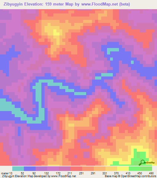 Zibyugyin,Myanmar Elevation Map
