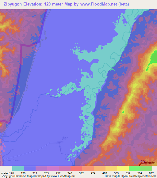 Zibyugon,Myanmar Elevation Map