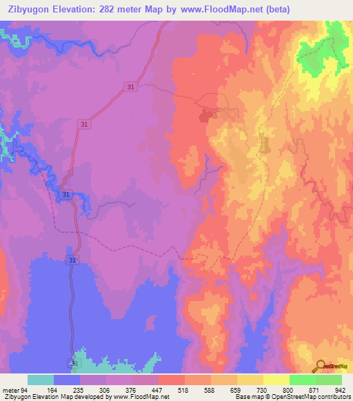 Zibyugon,Myanmar Elevation Map