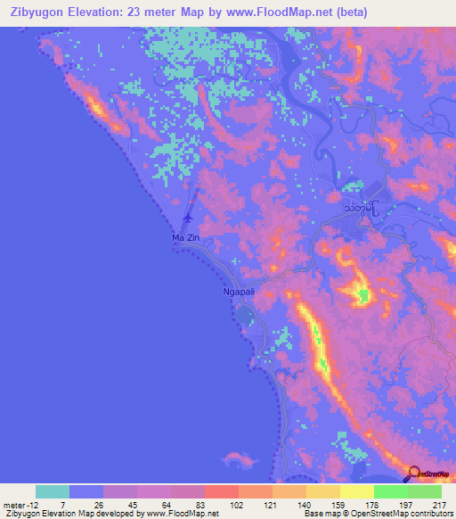Zibyugon,Myanmar Elevation Map