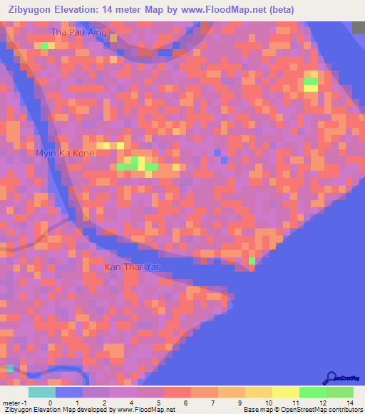 Zibyugon,Myanmar Elevation Map