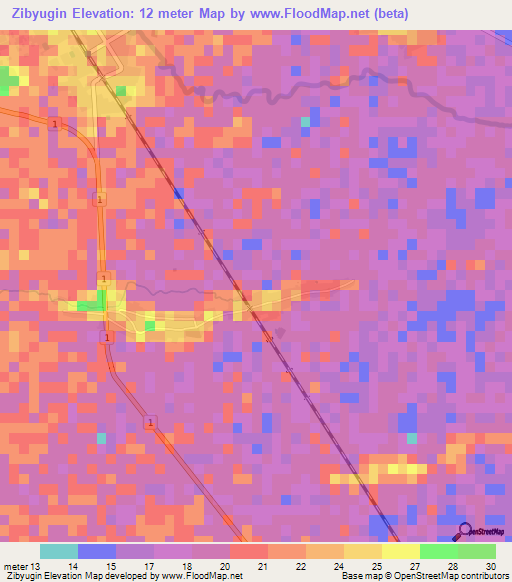Zibyugin,Myanmar Elevation Map
