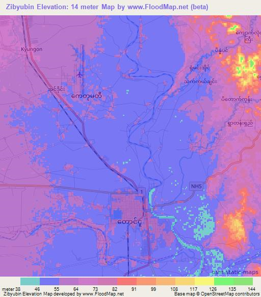 Zibyubin,Myanmar Elevation Map