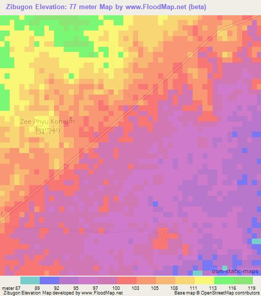 Zibugon,Myanmar Elevation Map