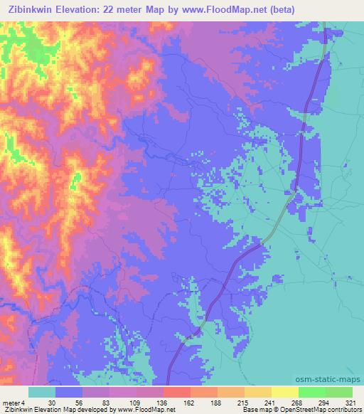 Zibinkwin,Myanmar Elevation Map