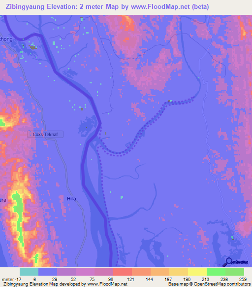 Zibingyaung,Myanmar Elevation Map