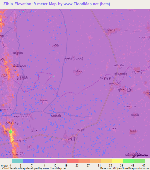 Zibin,Myanmar Elevation Map