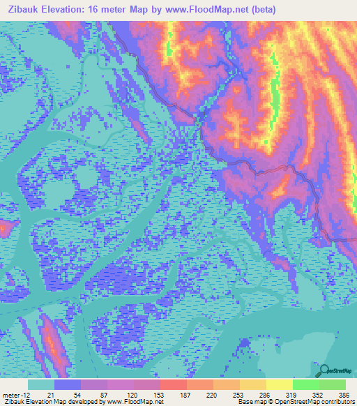Zibauk,Myanmar Elevation Map