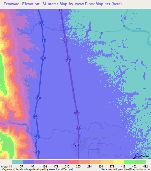 Zeyawadi,Myanmar Elevation Map