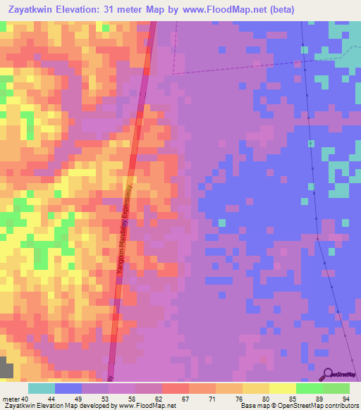 Zayatkwin,Myanmar Elevation Map