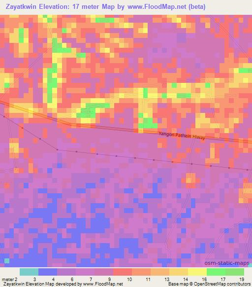 Zayatkwin,Myanmar Elevation Map