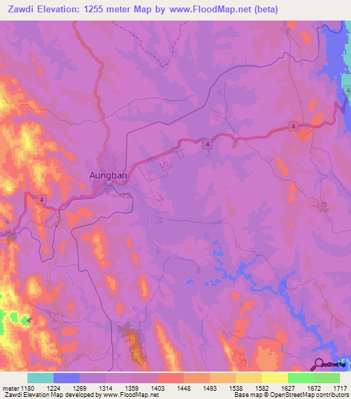 Zawdi,Myanmar Elevation Map