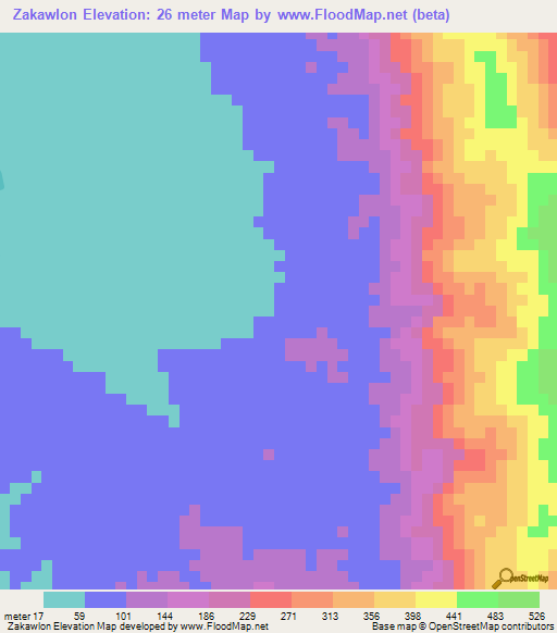 Zakawlon,Myanmar Elevation Map