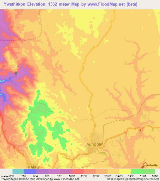 Ywathitkon,Myanmar Elevation Map