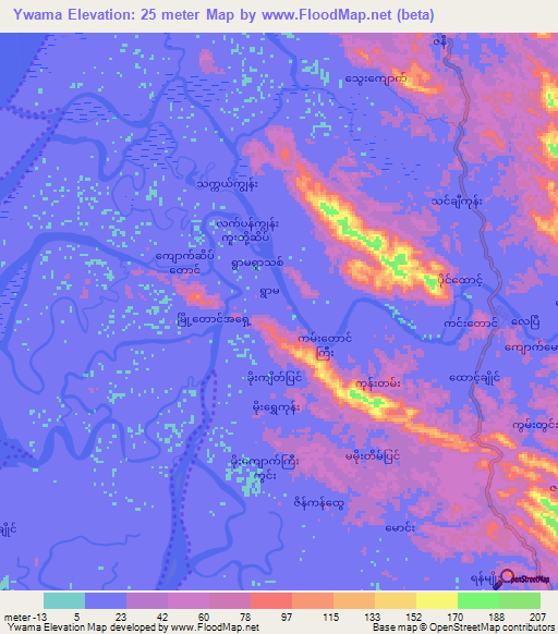Ywama,Myanmar Elevation Map