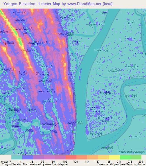 Yongon,Myanmar Elevation Map