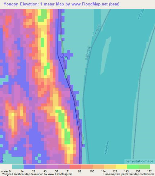 Yongon,Myanmar Elevation Map