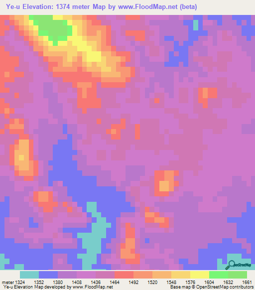Ye-u,Myanmar Elevation Map