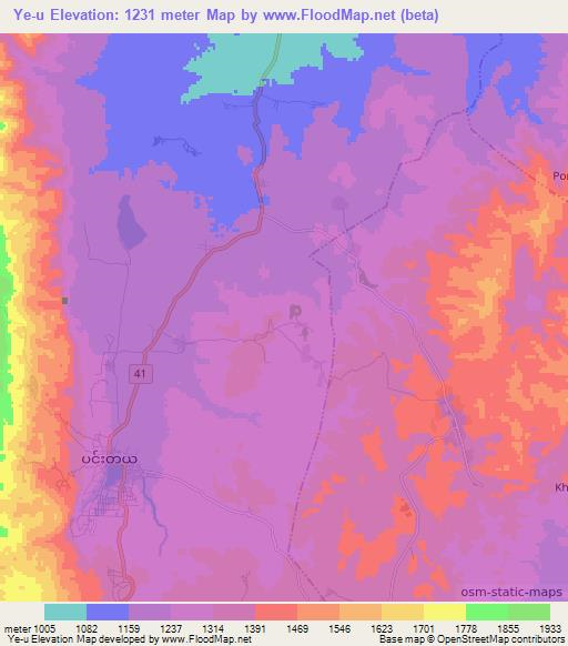 Ye-u,Myanmar Elevation Map