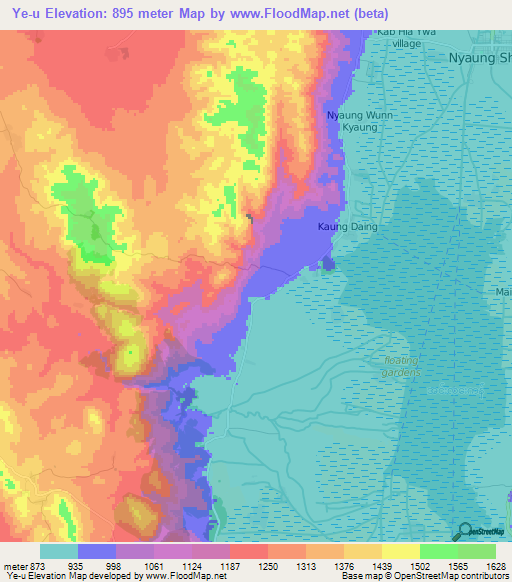 Ye-u,Myanmar Elevation Map