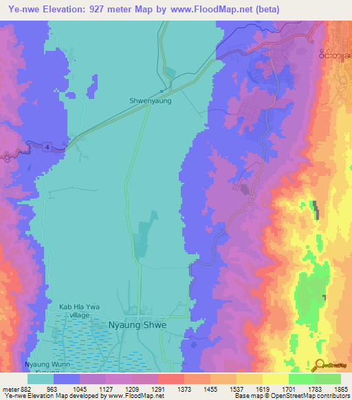 Ye-nwe,Myanmar Elevation Map