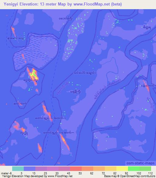 Yenigyi,Myanmar Elevation Map