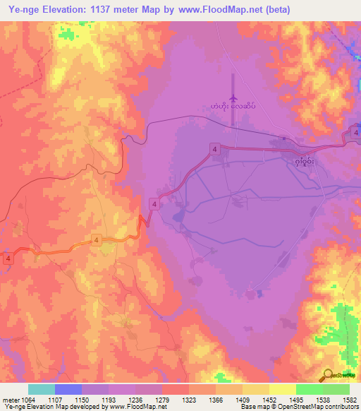 Ye-nge,Myanmar Elevation Map