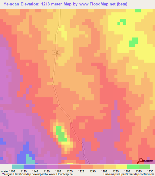 Ye-ngan,Myanmar Elevation Map