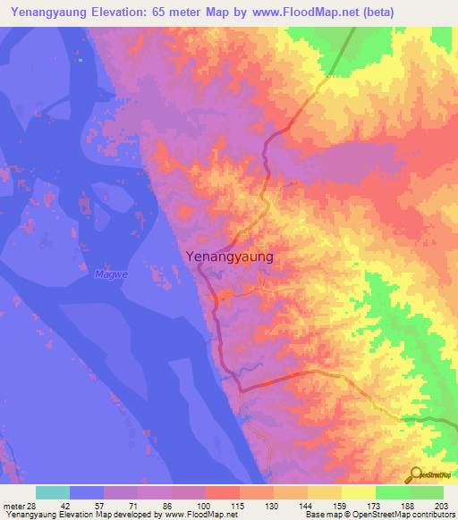 Yenangyaung,Myanmar Elevation Map