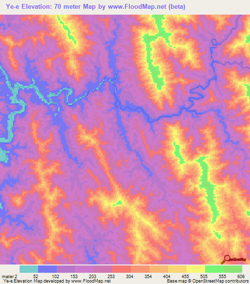 Ye-e,Myanmar Elevation Map