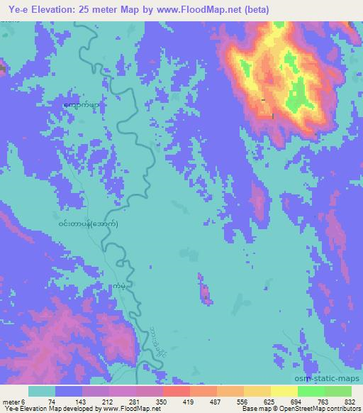 Ye-e,Myanmar Elevation Map
