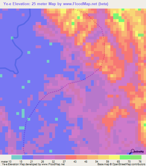 Ye-e,Myanmar Elevation Map