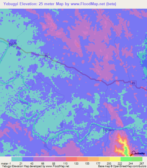 Yebugyi,Myanmar Elevation Map